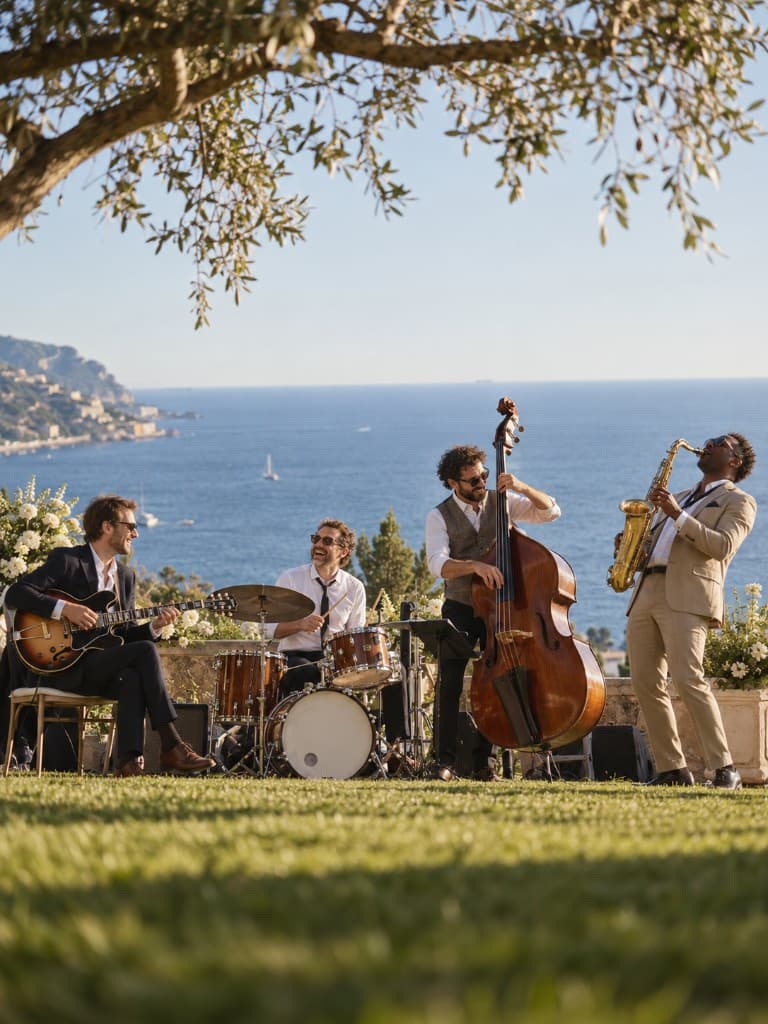 A jazz quartet performing on a seaside lawn, with guitar, drums, double bass, and saxophone.