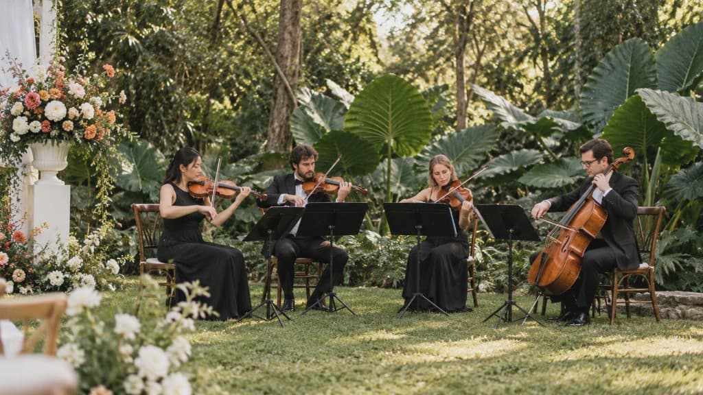 A string quartet performing on a garden lawn beside a floral ceremony arrangement.